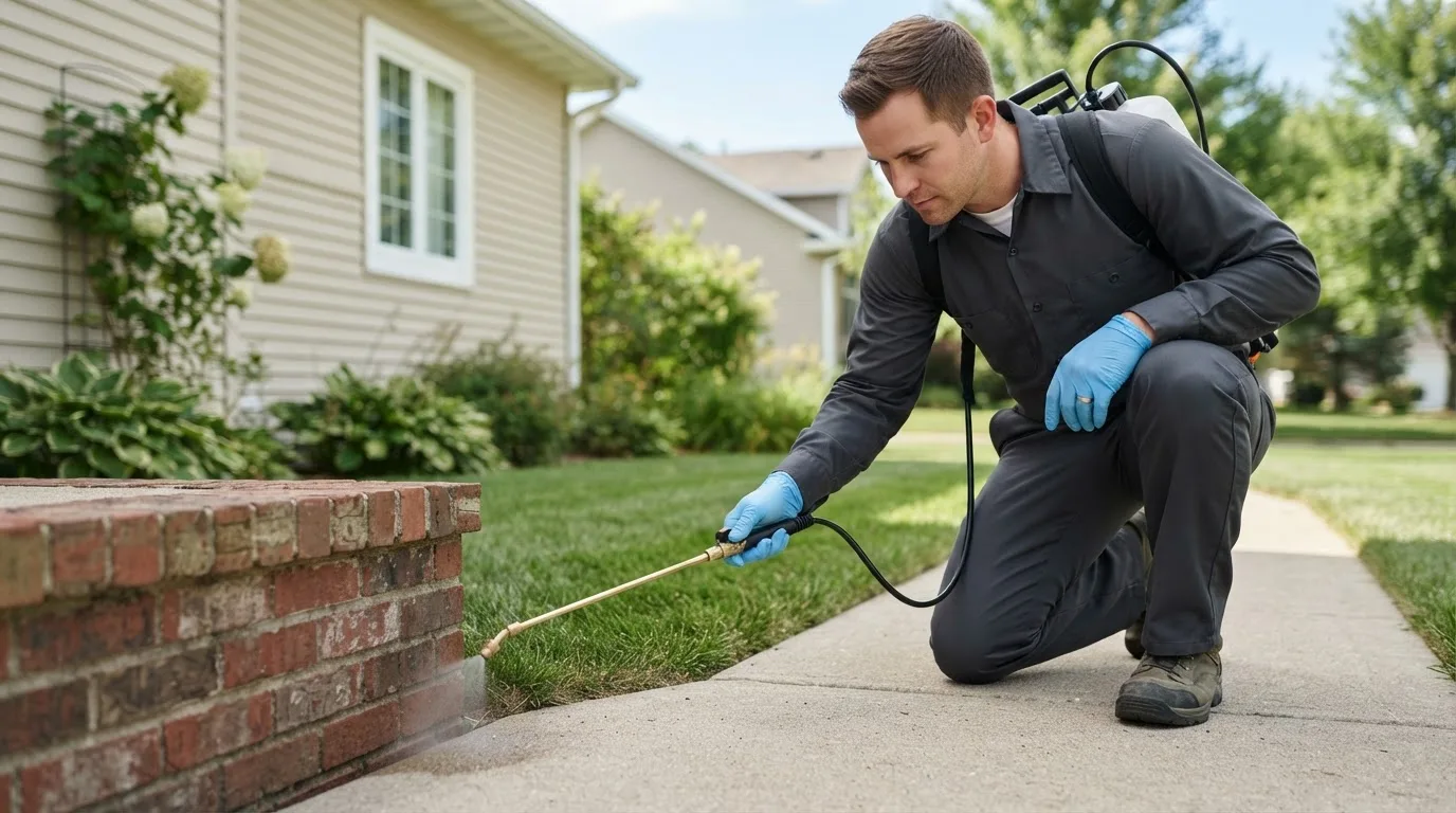Pest control technician treating a home near Logansport, LA